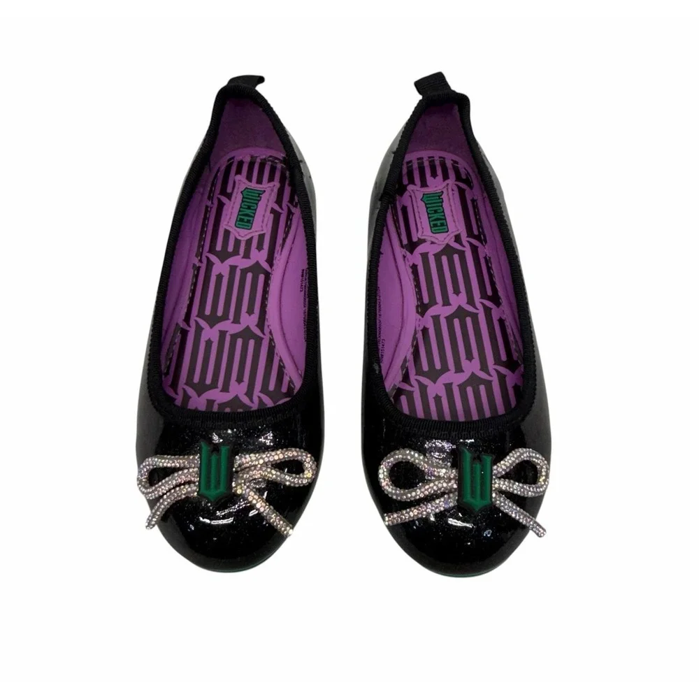 Wicked Flat Shoes Kids Size 11 Monkey Logo Rhinestone Bow Black Purple Green
